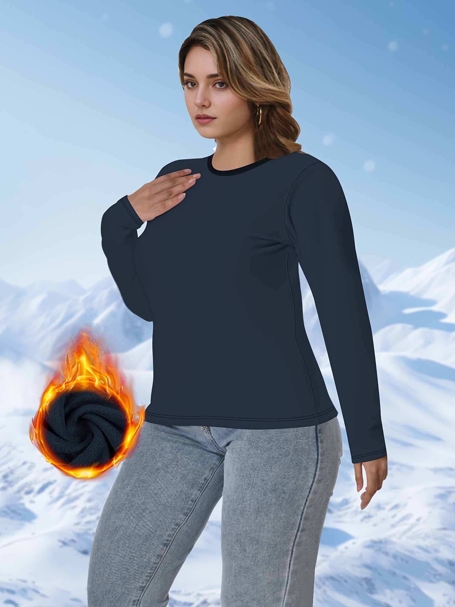 Plus Size Women's Wool-Lined Brushed Long Sleeve Thermal Top Solid Warm Underwear