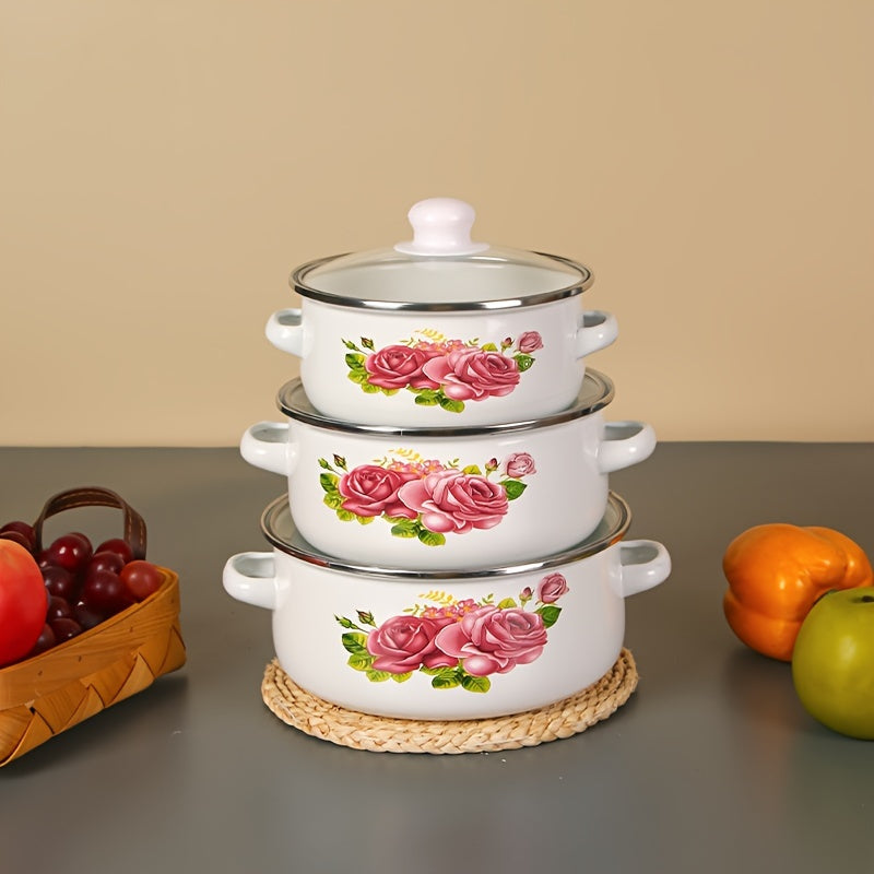 Zamonaviy 3-qismli Mini Emal Qozonlar To'plami - Oshxona va Ovqatlanish uchun Ideal, Qozon, Qovurish Qozoni va Qozon bilan ta'minlangan