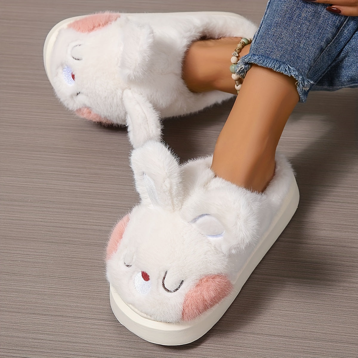 Women's Cozy Cartoon Bunny Slippers Indoor Warm Slip-On Shoes
