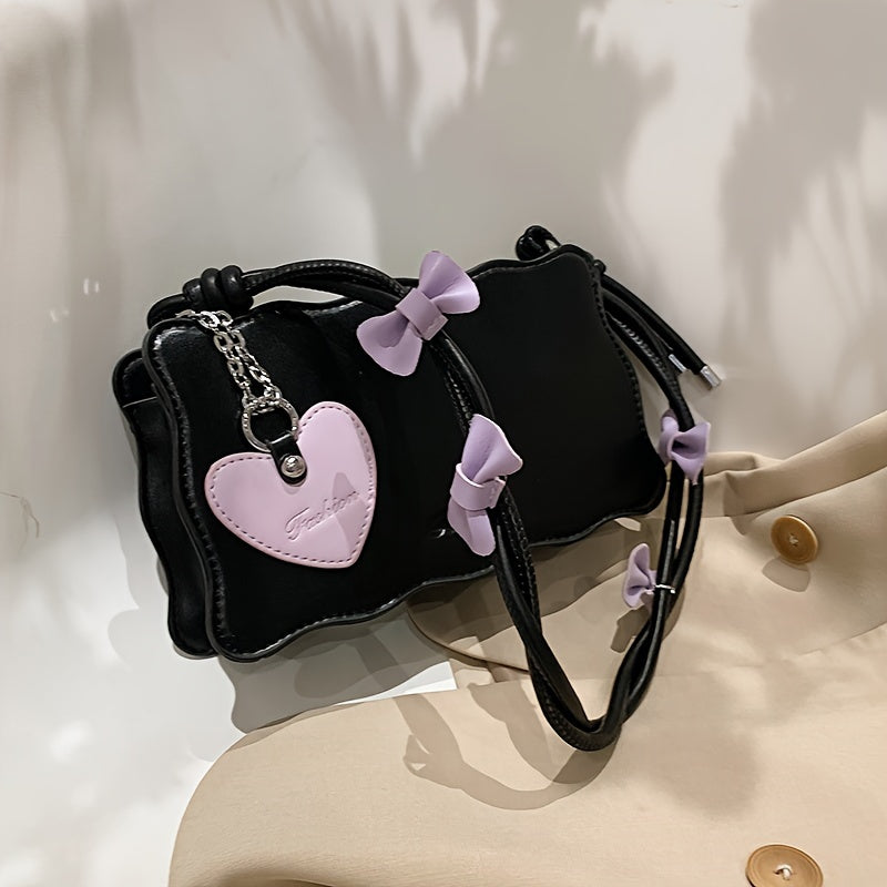 PU Leather Baguette Shoulder Bag with Butterfly Bow Accents Water-Resistant Zipper Closure