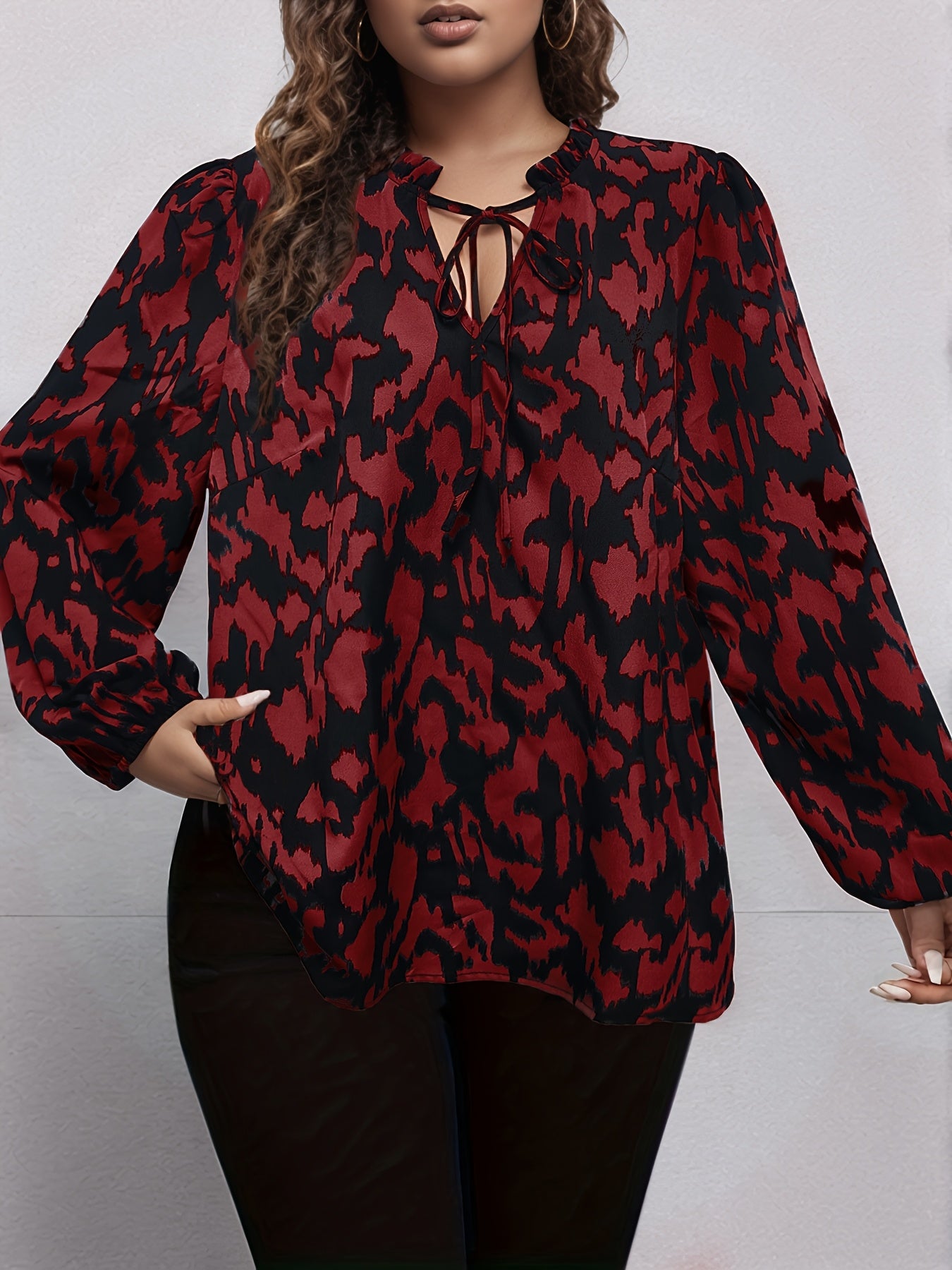 Plus Size Leopard Print Tie Neck Blouse Long Sleeve Spring Fall Women