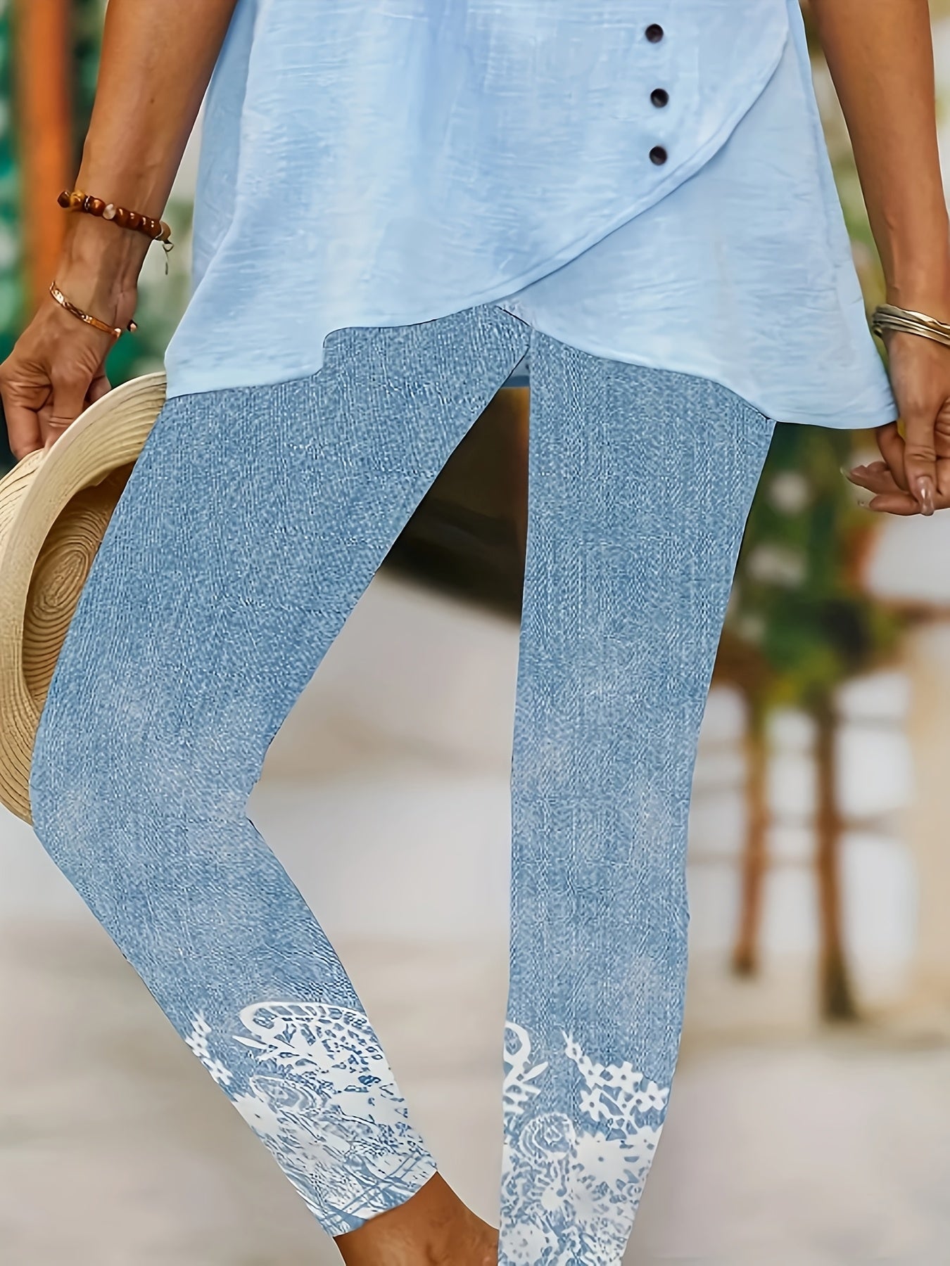 Women's Plus Size Faux Denim Skinny Leggings Geometric Print All-Season