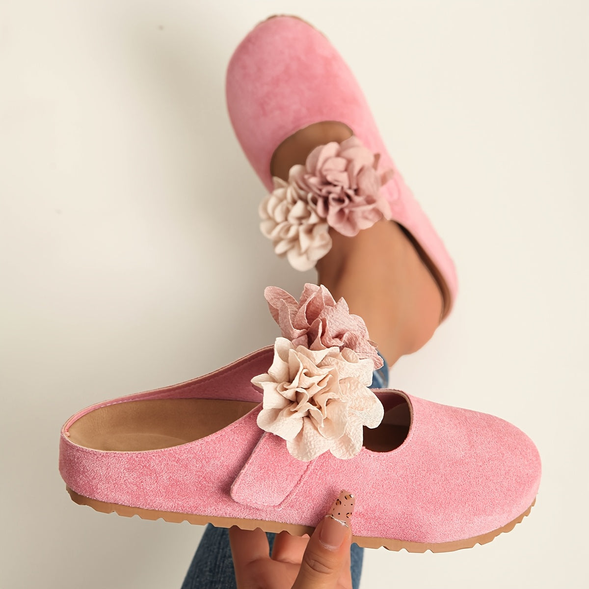 Women's Slip-On Mules with Floral Embellishments Soft Fabric Upper All-Season Casual Shoes