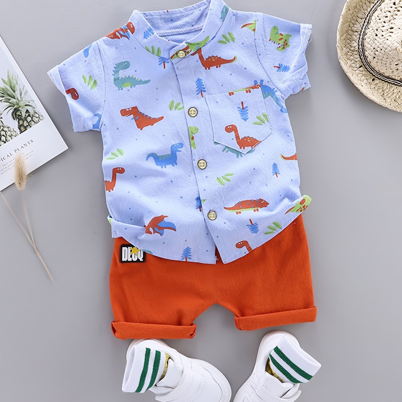 Toddler Boys' Cotton Dinosaur Print Short Sleeve Shirt and Elastic Waist Shorts Set