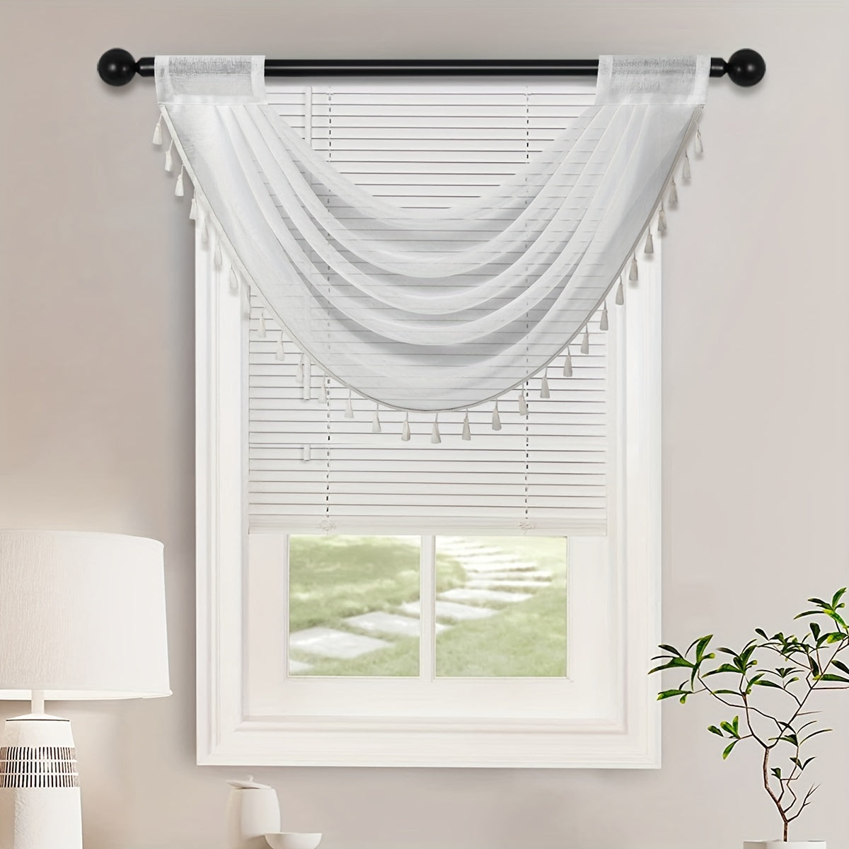 Sheer Wave Curtain Valance with Tassels Edge 30x24 Inches Light-Transmitting Rod Pocket Decor