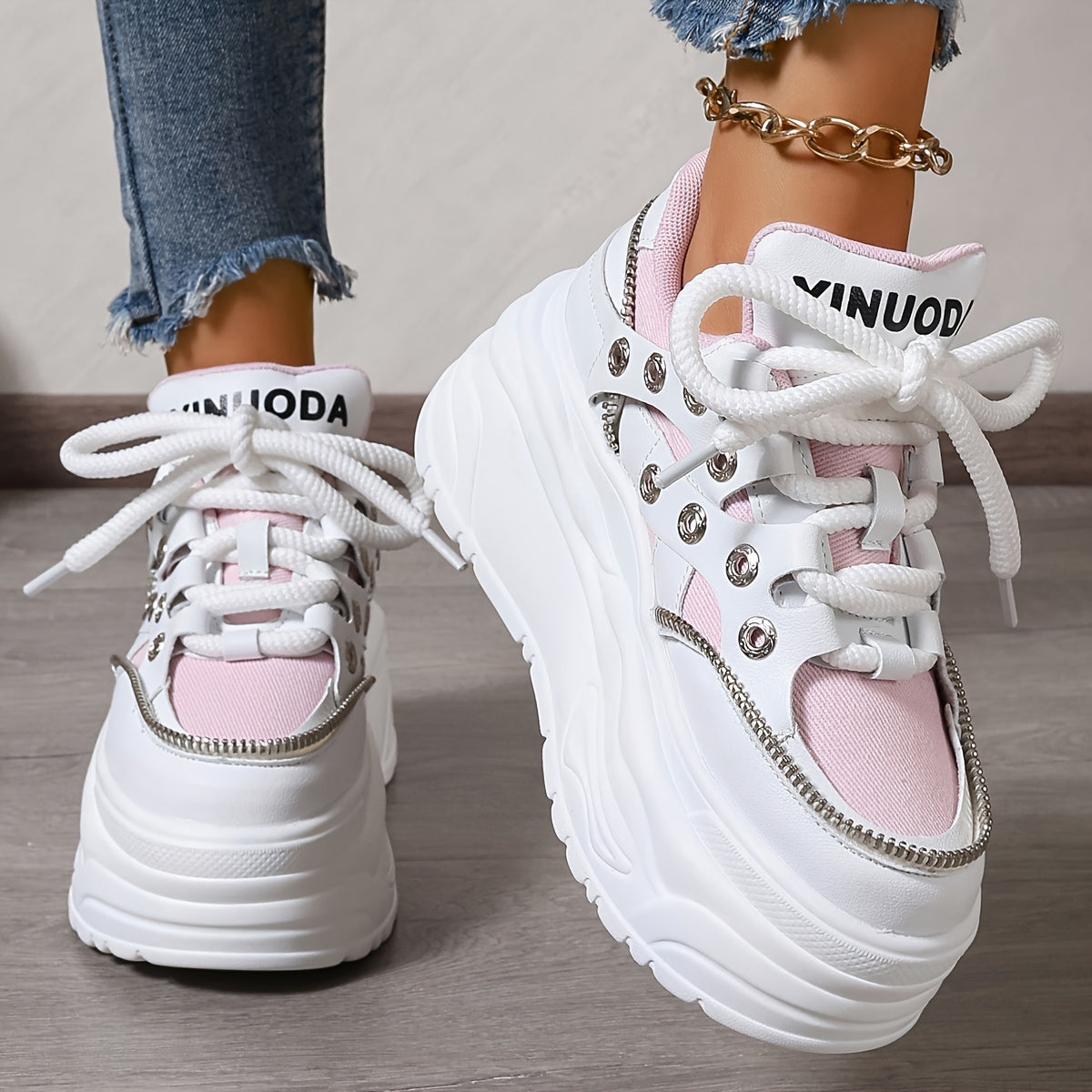 Women's Chunky Platform Sneakers Mid Top EVA Lace-Up Fashion Shoes