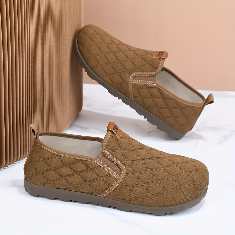 Zapatos casuales beige de mujer con suela transpirable y diseño de cuadros en slip-on de tejido suelto