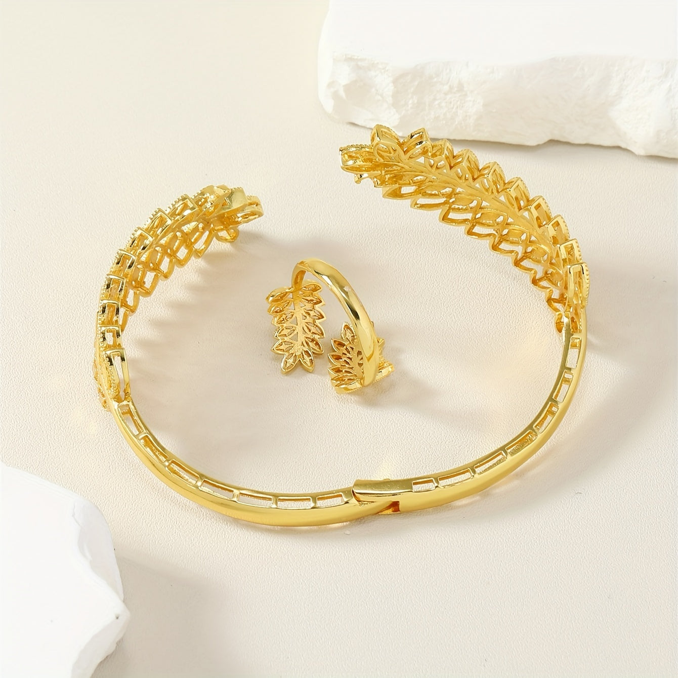 Gold Plated Leaf Jewelry Set for Weddings and Ramadan with Bracelet and Ring