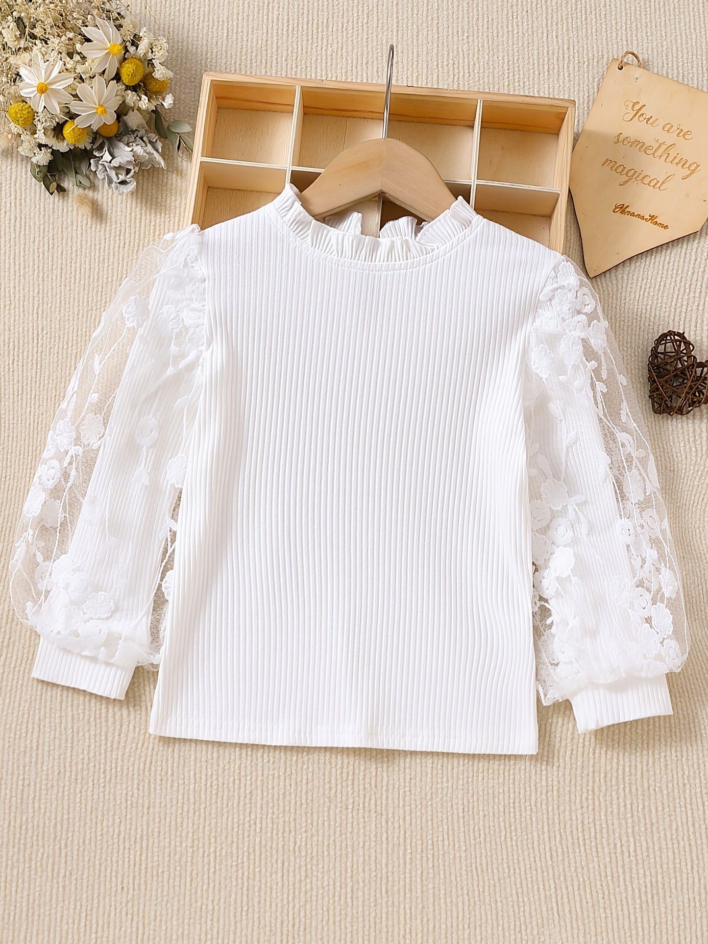 Girls Long Sleeve Flower Lace Splicing Ruffle T-Shirt Cotton Casual