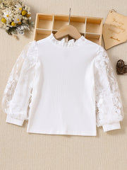 Девочки длинный рукав цветочный кружевной сплайсинг рюша футболка хлопковая повседневная