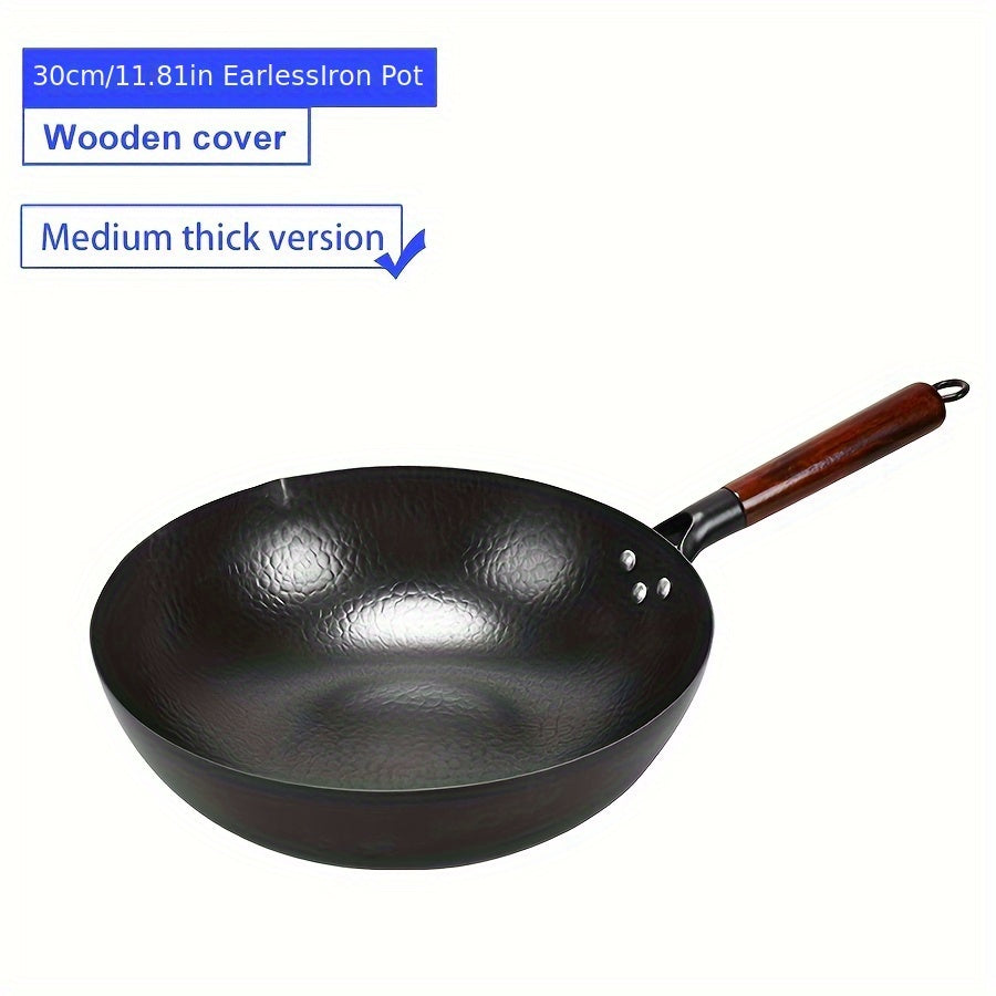 Cast Iron Wok 32cm Non-Stick Hand-Forged Stir-Fry Pan with Wooden Lid