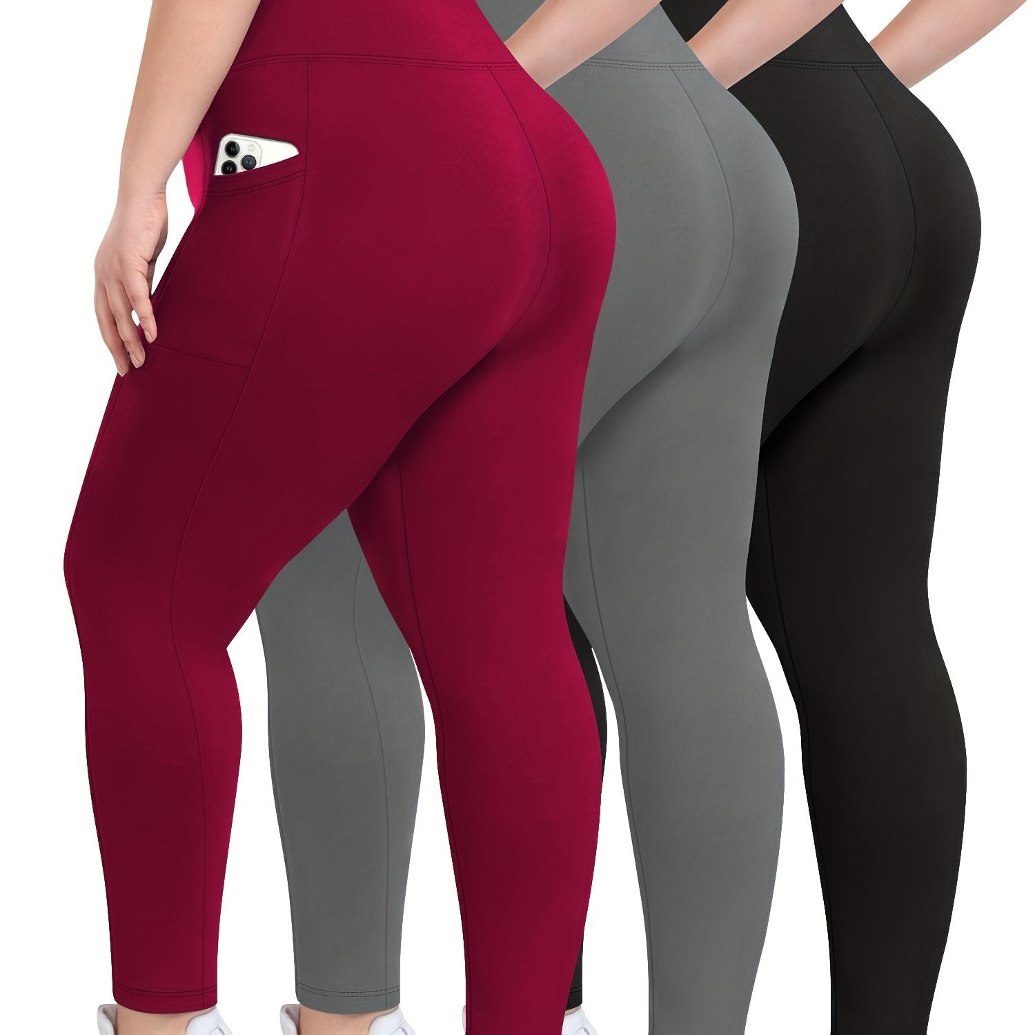 Women's Black High-Waisted Plus Size Yoga Leggings 3 Pack with Pockets