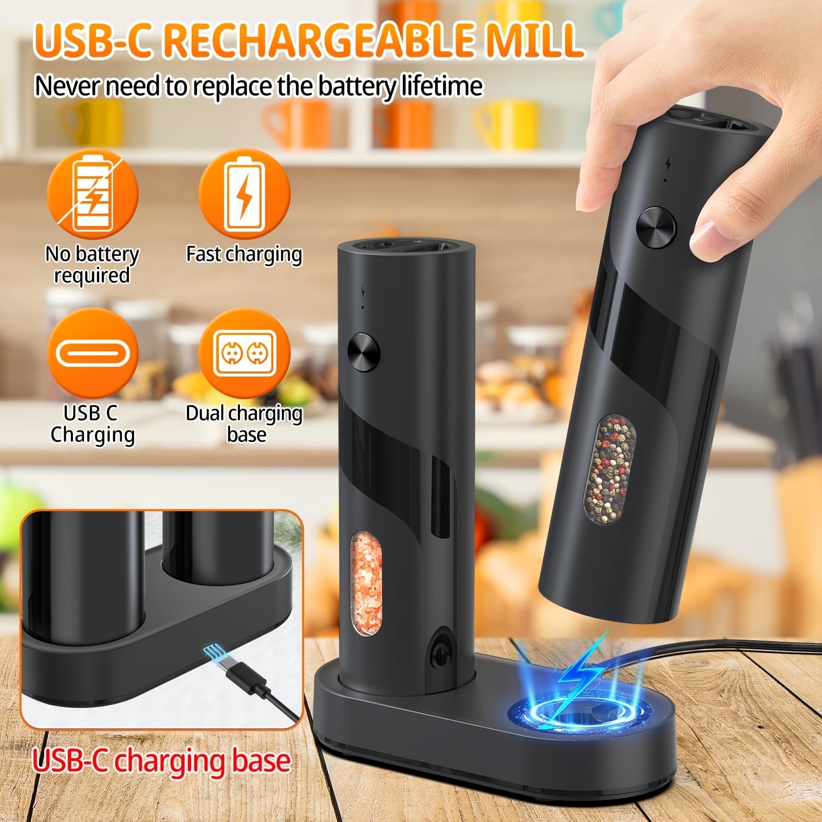 Uy oshxonasida foydalanish uchun yuqori to'ldiriladigan avtomatik murcha maydalagich, sozlanadigan qattiqlik va LED chirog'iga ega elektr qayta to'ldiriladigan murcha maydalagich to'plami