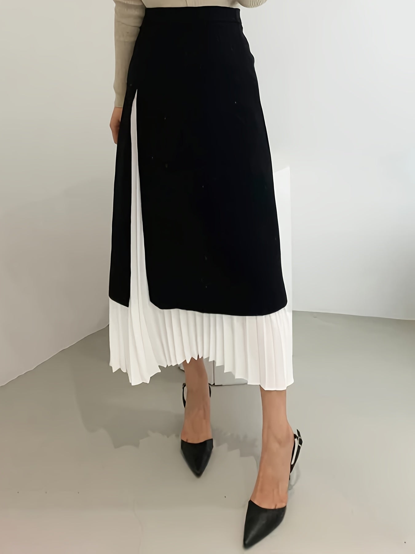 Women's Plus Size Two-Tone Pleated Midi Skirt Elegant Fashion