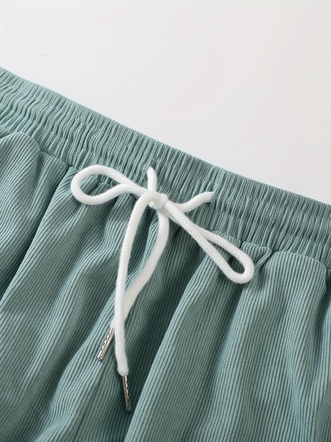 Plus Size Men's Light Green Corduroy Shorts with Drawstring Elastic Waist Pockets