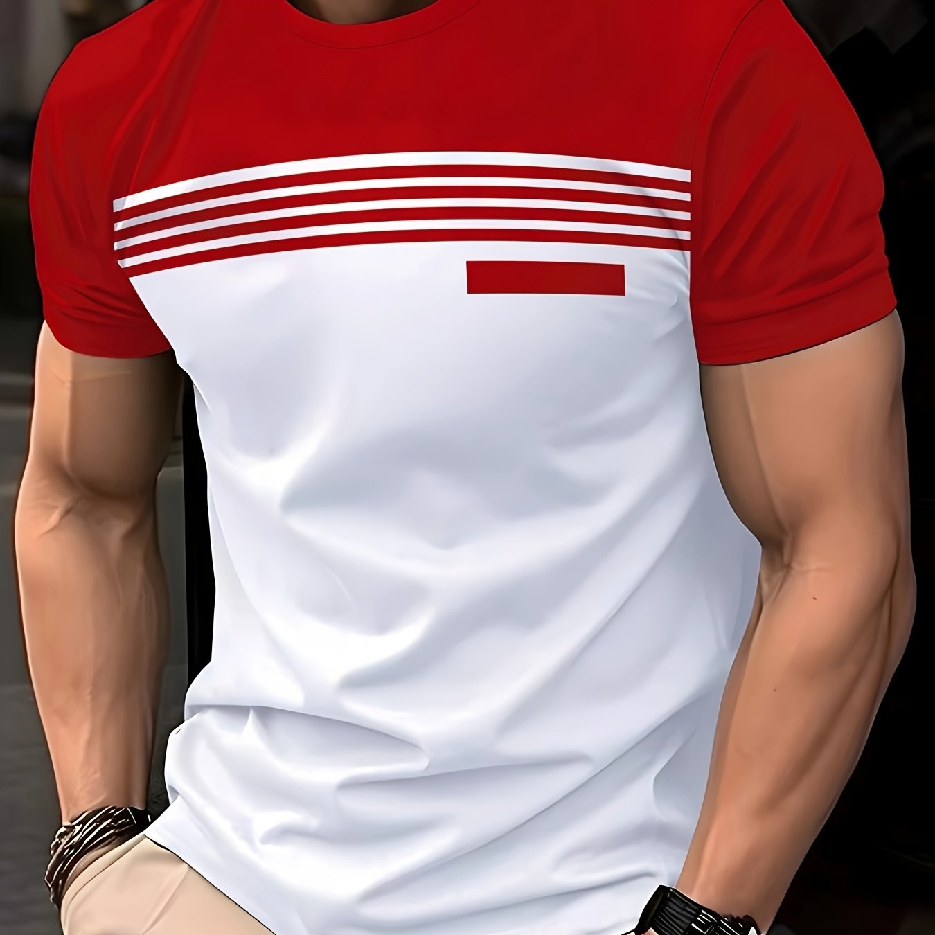 Erkaklar uchun qisqa yengli futbolka, chiziqli geometrik naqsh bilan, yumshoq bo'yin, odatdagi kesim, 100% polyester to'qima matodan tayyorlangan, biroz cho'ziluvchan.