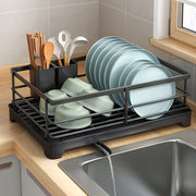 Black Plastic Kitchen Drying Rack with Drainboard, Compact and Waterproof