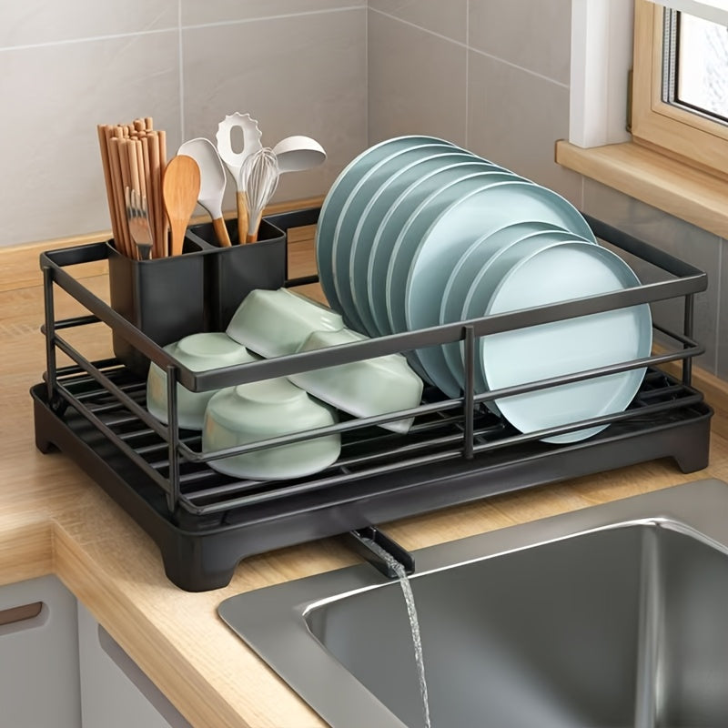 Black Plastic Kitchen Drying Rack with Drainboard, Compact and Waterproof