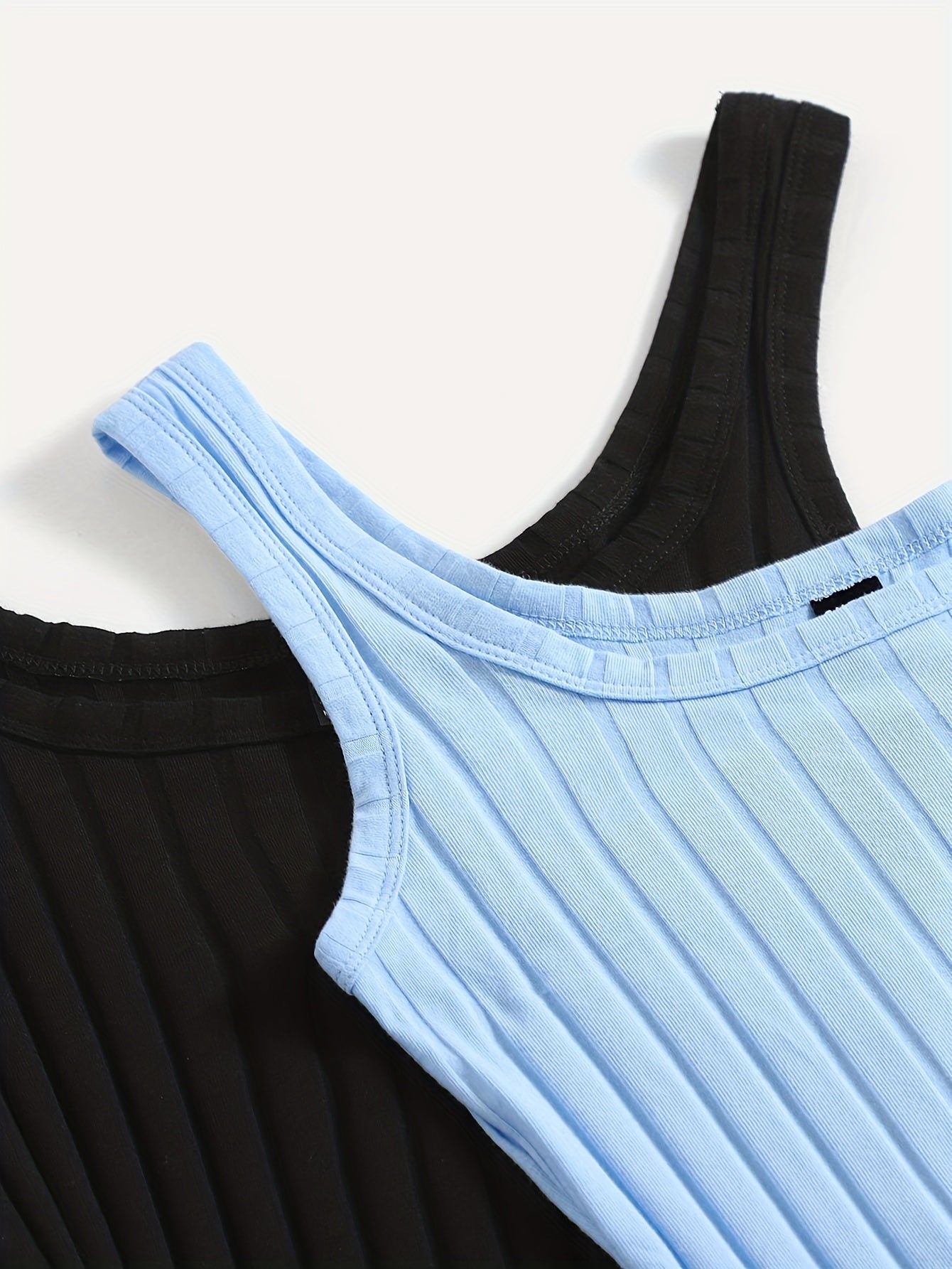 Women's Ribbed Sleep Dresses Two-Pack Black Light Blue Square Neck Stretchy Polyester Nightgowns