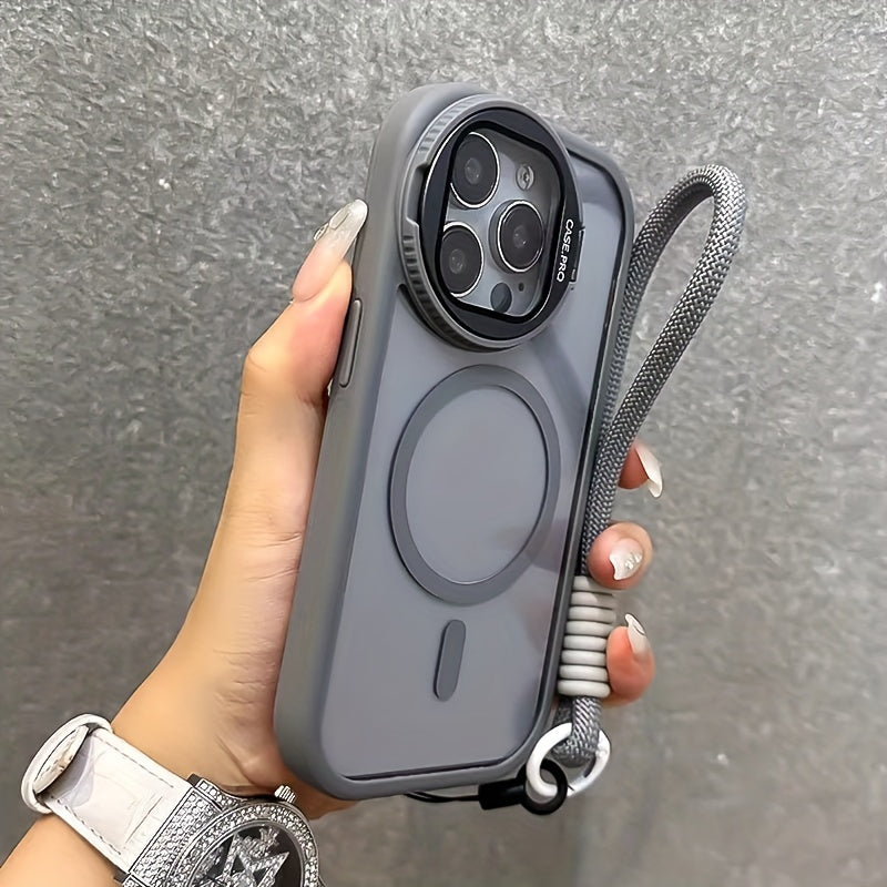 Shockproof Transparent Phone Case with Magnetic Folding Glass Frame and Lanyard for iPhone 16 15 14 Pro Max