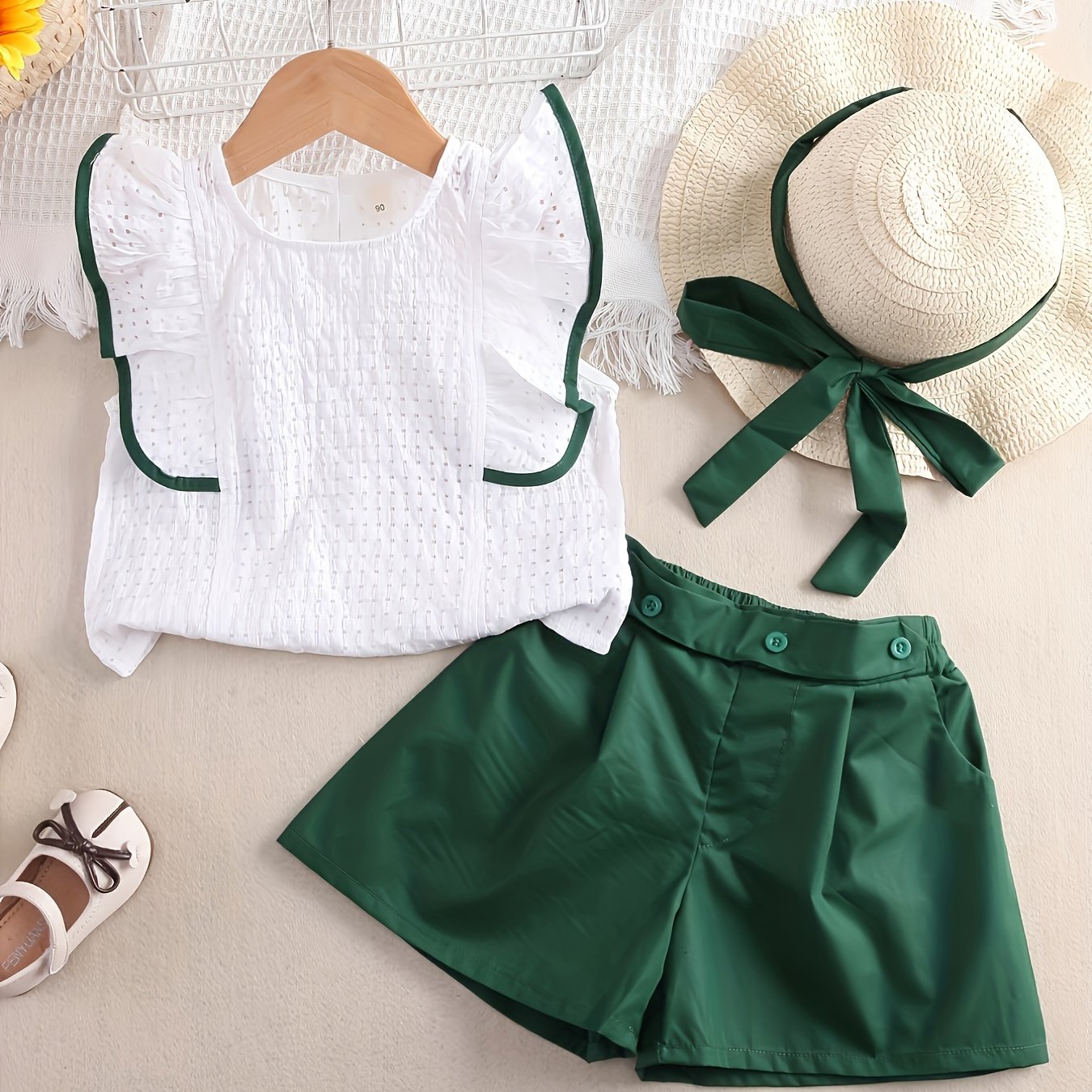 Girls' 2-Piece Cotton Outfit with Flounce Sleeve Top and Solid Shorts for Summer