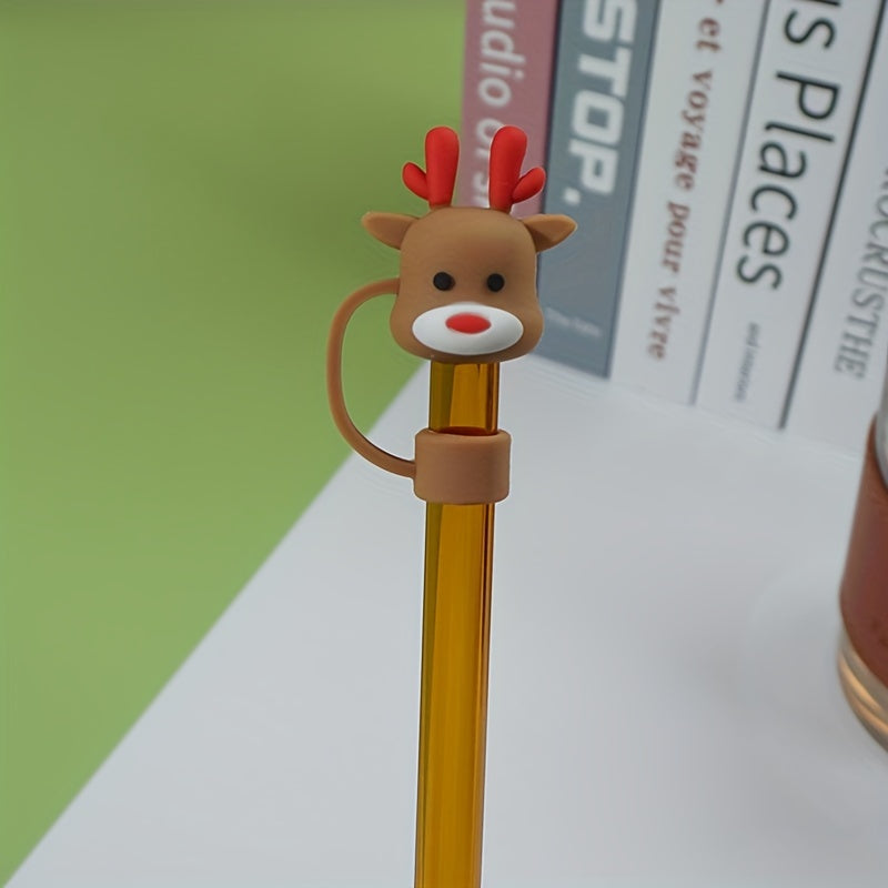 Set of 5 Reusable Silicone Straw Lids Christmas Santa Tree Fits 10mm Straws