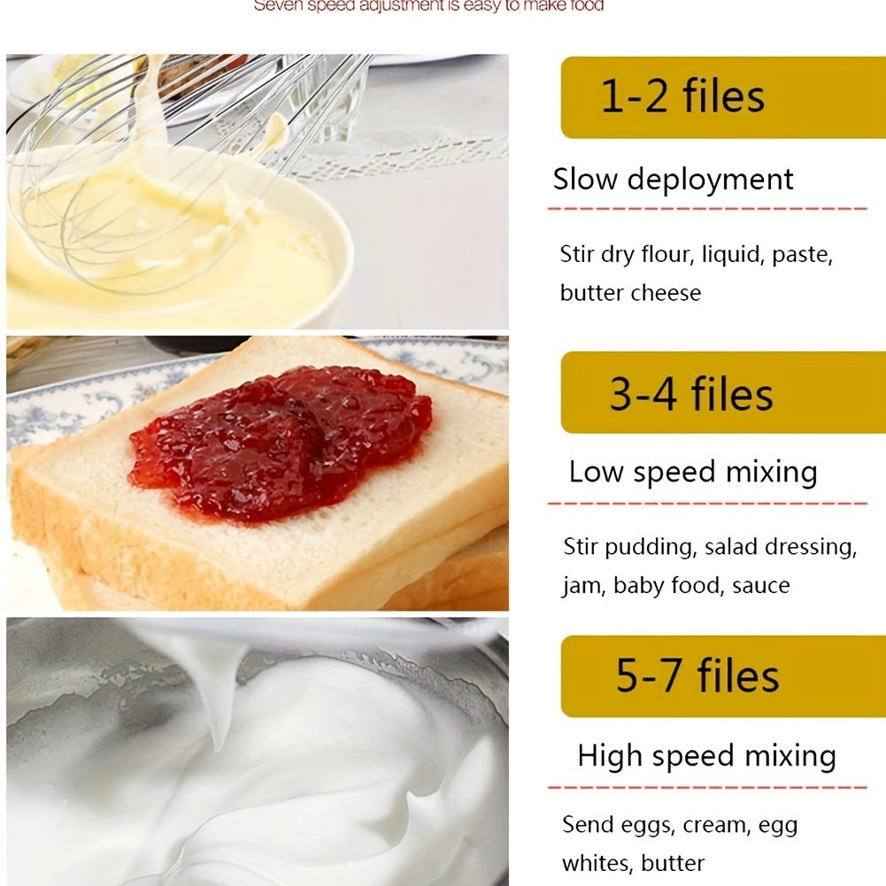 7 tezlikli elektr qo‘l mikseri, zanglamaydigan po‘latdan yasalgan urishlar bilan, kompaktdagi oziq-ovqat uchun xavfsiz, pishirish uchun mo‘ljallangan