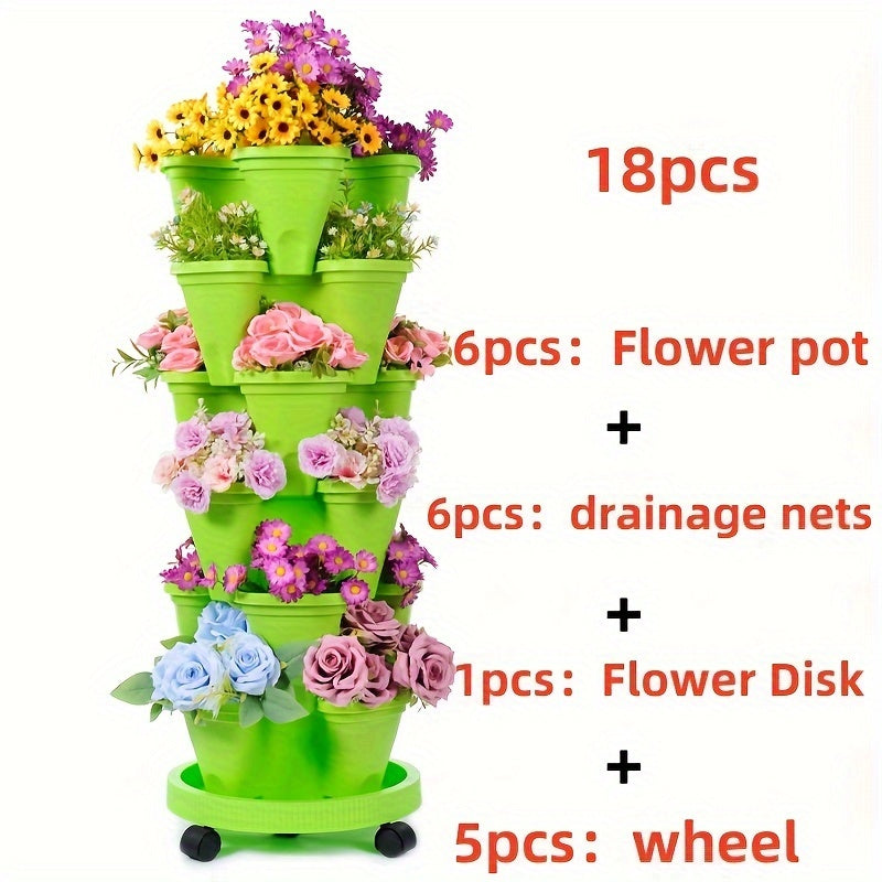 Stackable Plastic Flower Pot Set with Wheels for Indoor Outdoor Gardening for Herbs Vegetables and Flowers