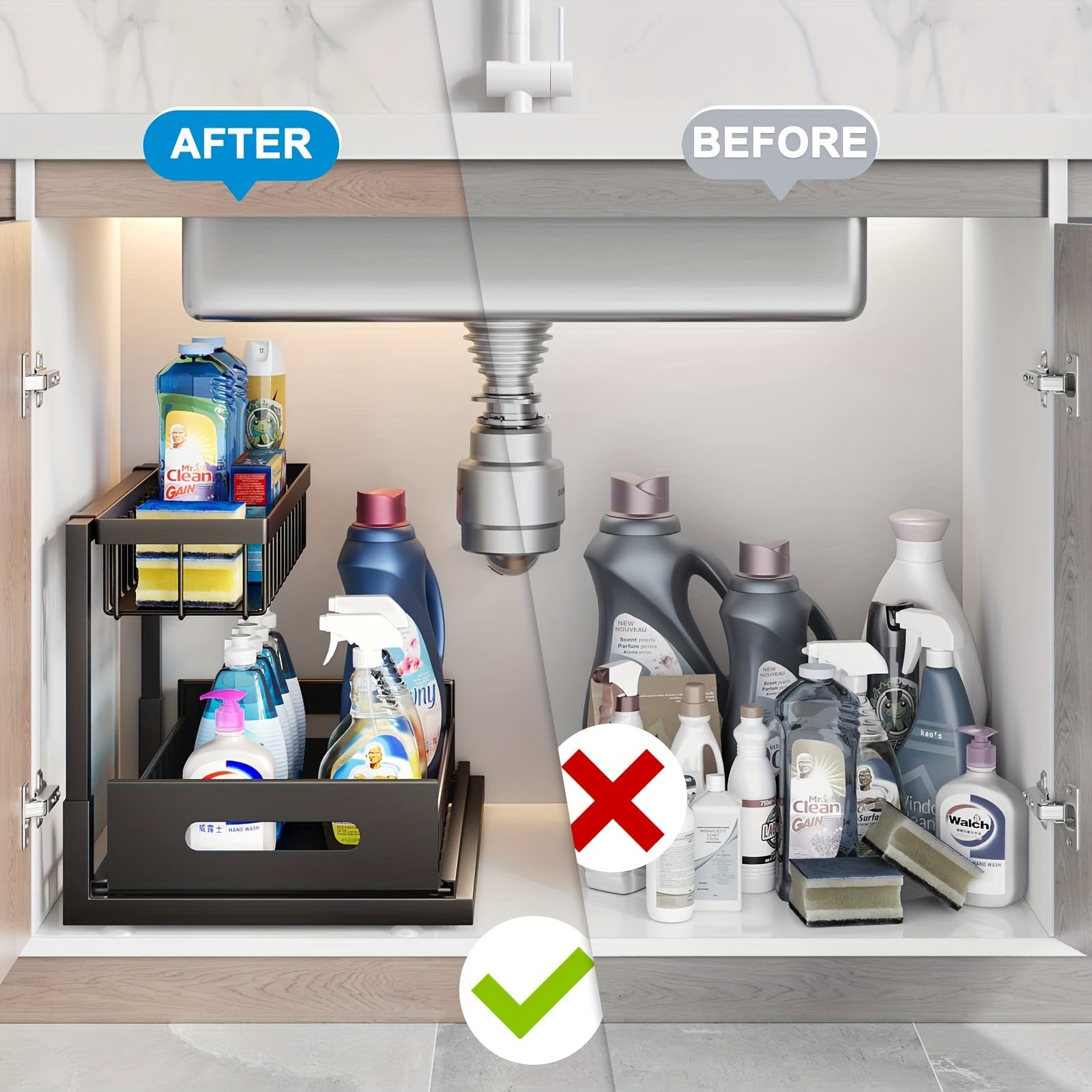 Metal Storage Shelf for Kitchen and Bathroom Cabinets 2-Tier Pull-Out Organizer