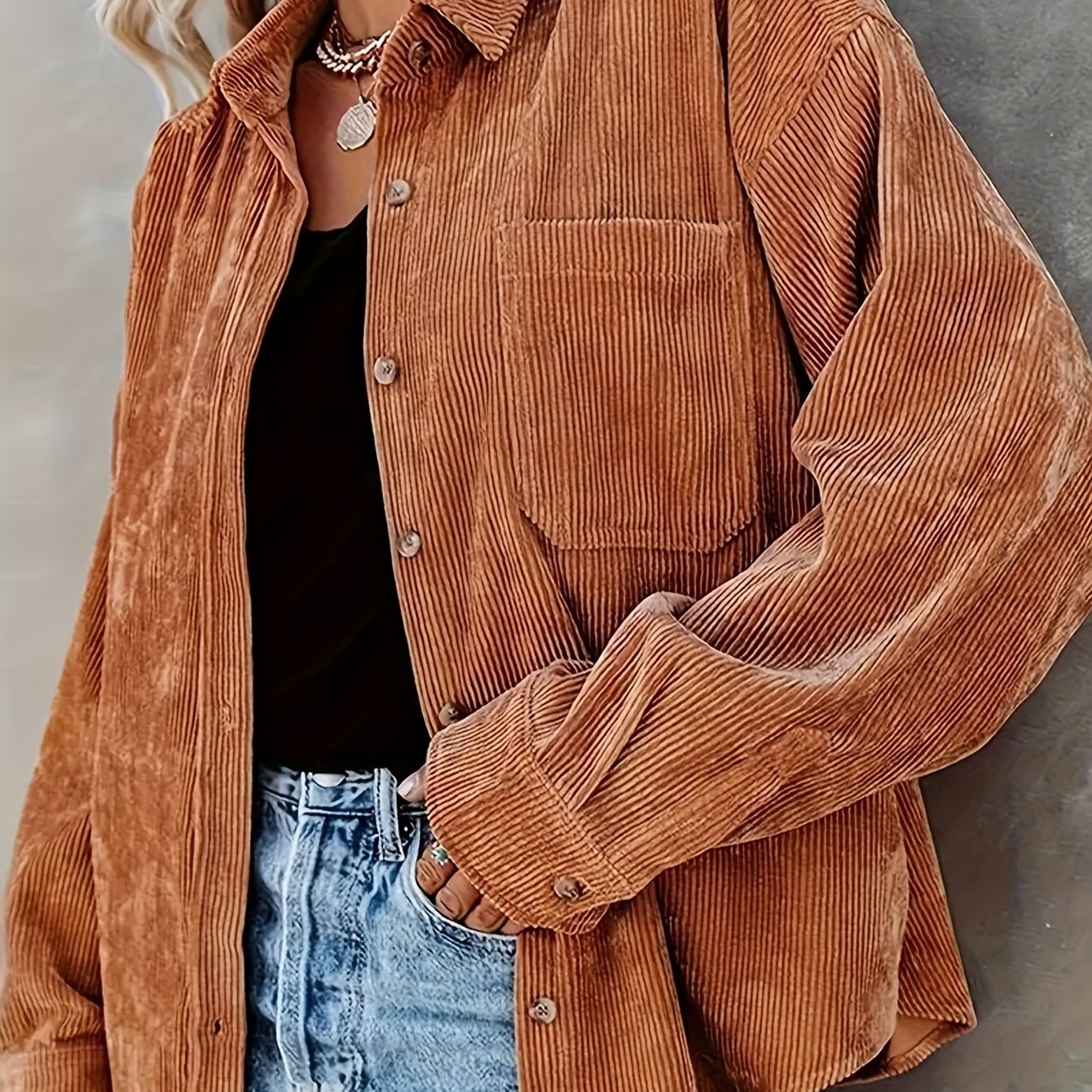 Plus Size Women's Corduroy Button-Up Shirt Long Sleeve Solid Polyester