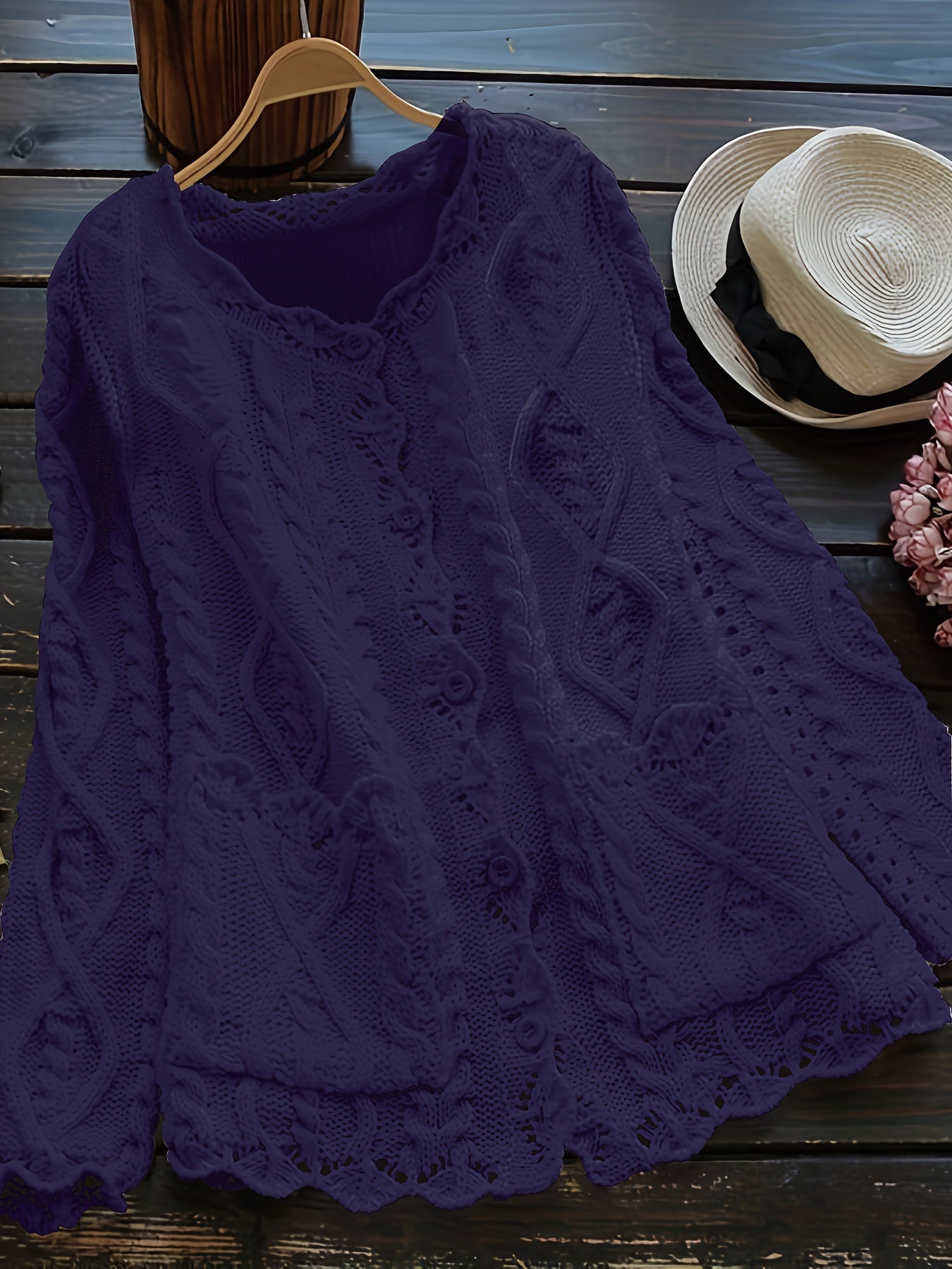 Women's Light Blue Casual Knit Cardigan with Lace Detailing and Round Neck