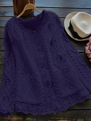 Women's Light Blue Casual Knit Cardigan with Lace Detailing and Round Neck