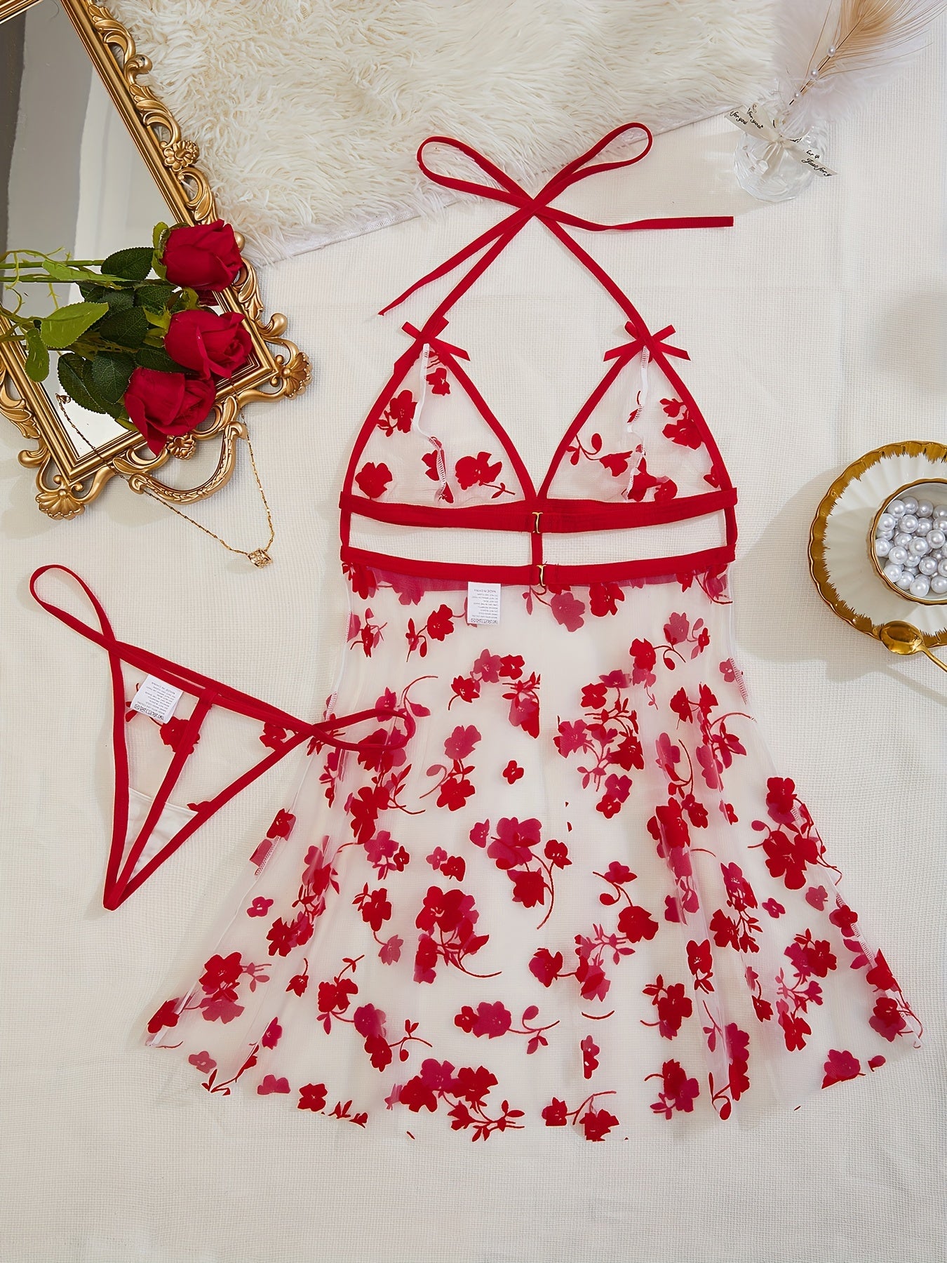 Women's Red Floral Sheer Mesh Lingerie Set with Halter Top and Thong