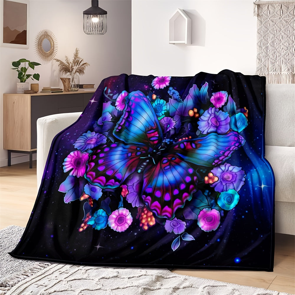 Purple Floral Butterfly Fleece Throw Blanket Lightweight Cozy for Sofa Bed Travel
