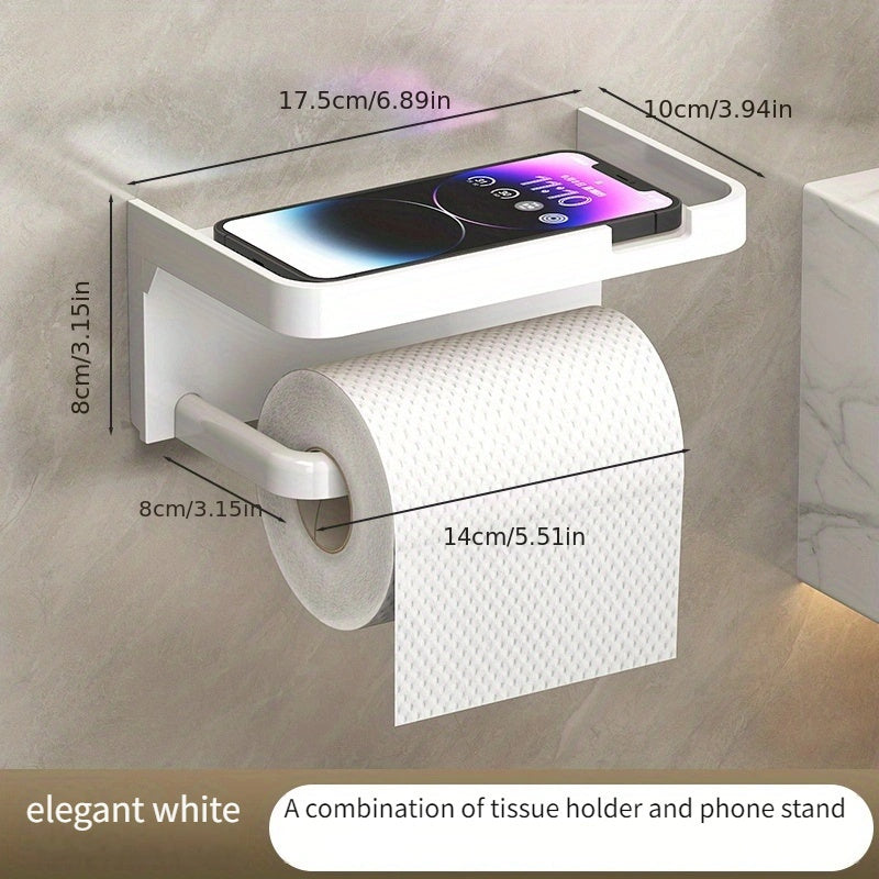Wall-Mounted Toilet Paper Holder with Phone Shelf Polished Finish Self-Adhesive Bathroom Storage