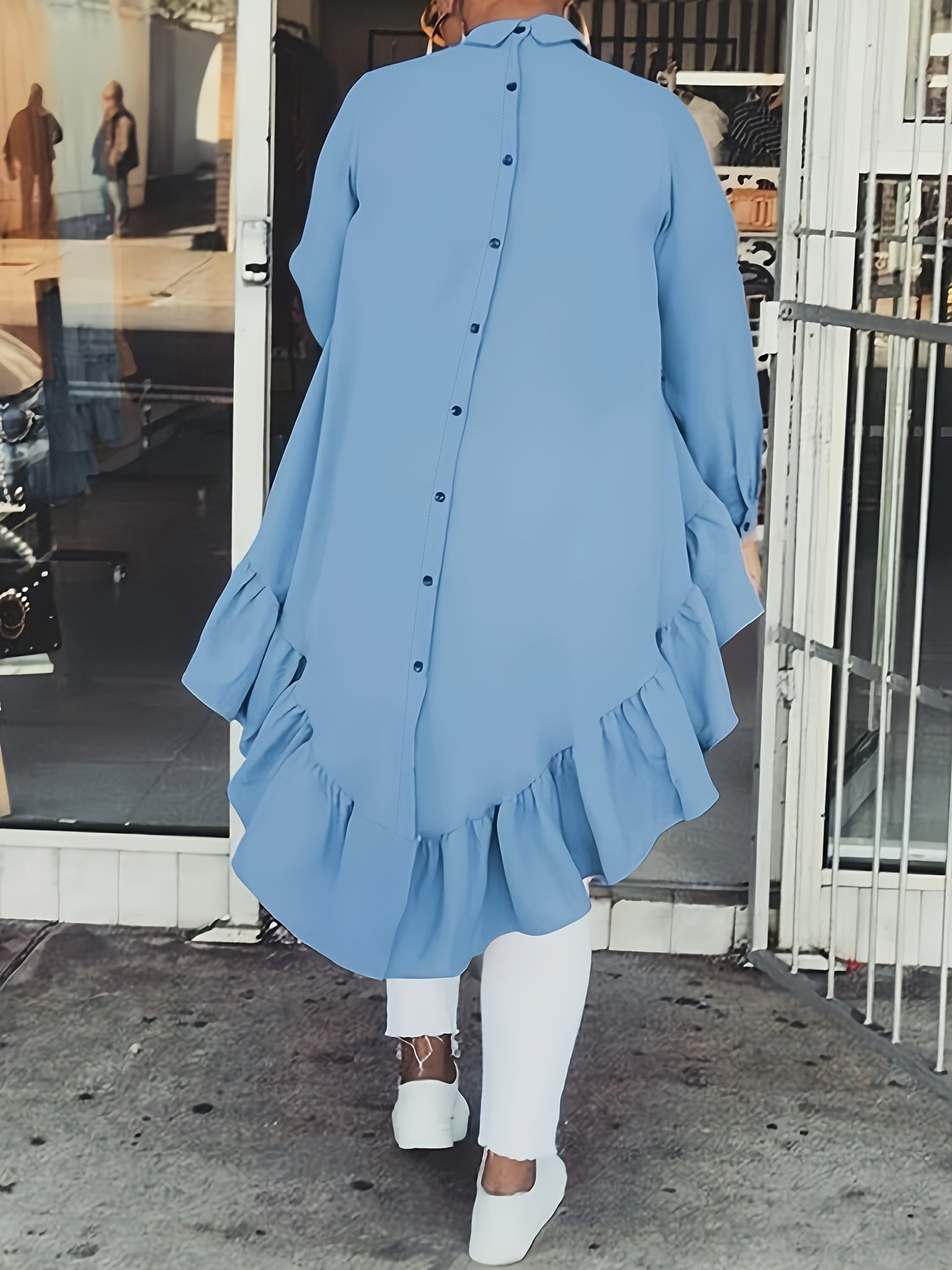 Plus o'lcham ayollar uchun kundalik ko'k ruffle bo'yinli ko'ylak, uzun qo'lli, barcha mavsum uchun