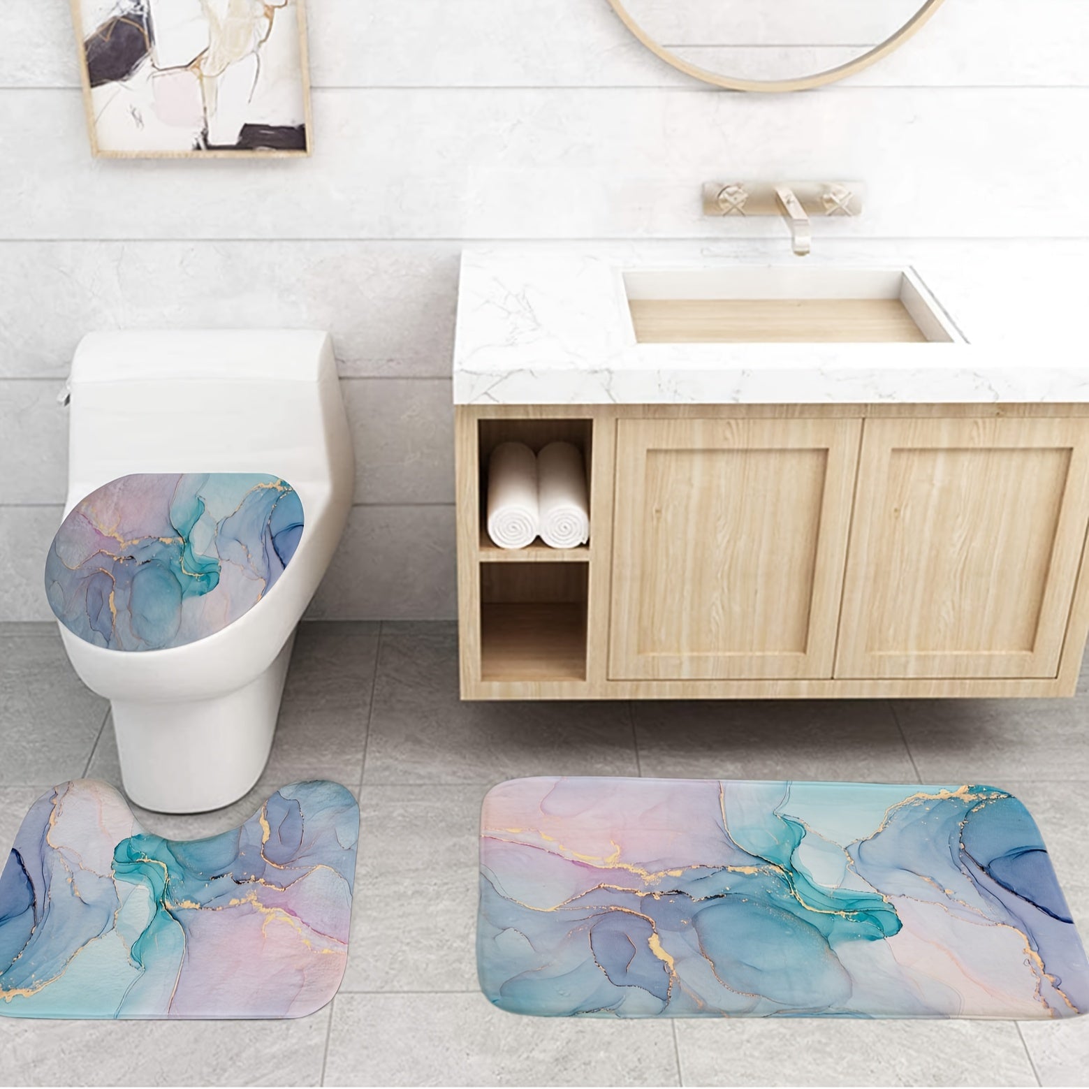 Colorful Marble Shower Curtain Set Waterproof with 12 Hooks Non-Slip Bath Mat Toilet Cover and U-Shaped Rug