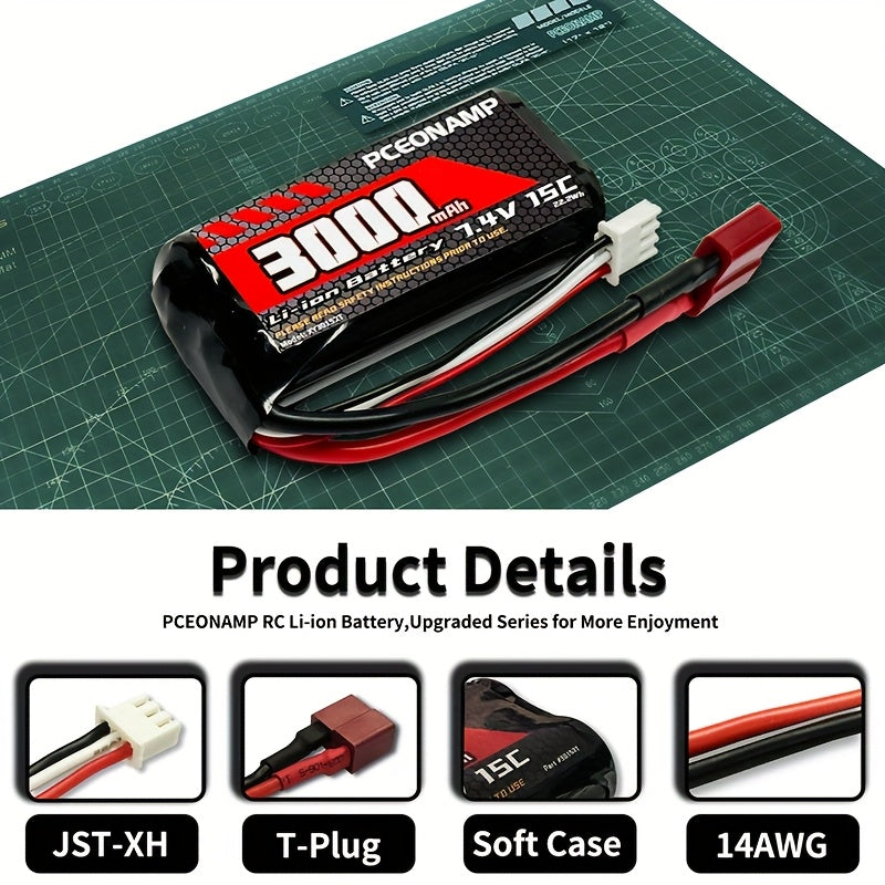 7.4V 3000mAh 2S Li-Ion RC Battery for 1/10 1/12 1/16 Scale RC Cars and Trucks