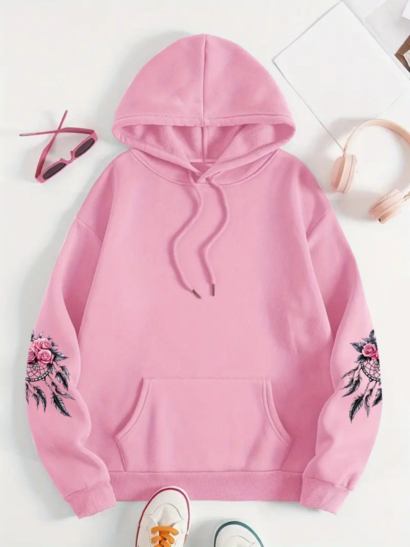 Women's Oversized Hoodie with Floral Turtle Graphic Long Sleeve Sweatshirt in Pink