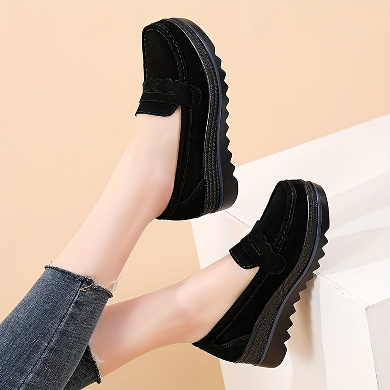 Women's Slip-On Platform Loafers Faux Cover Black Comfortable All-Season Shoes