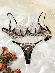 Women's Floral Embroidery Semi Sheer Lingerie Set Bra and Thong