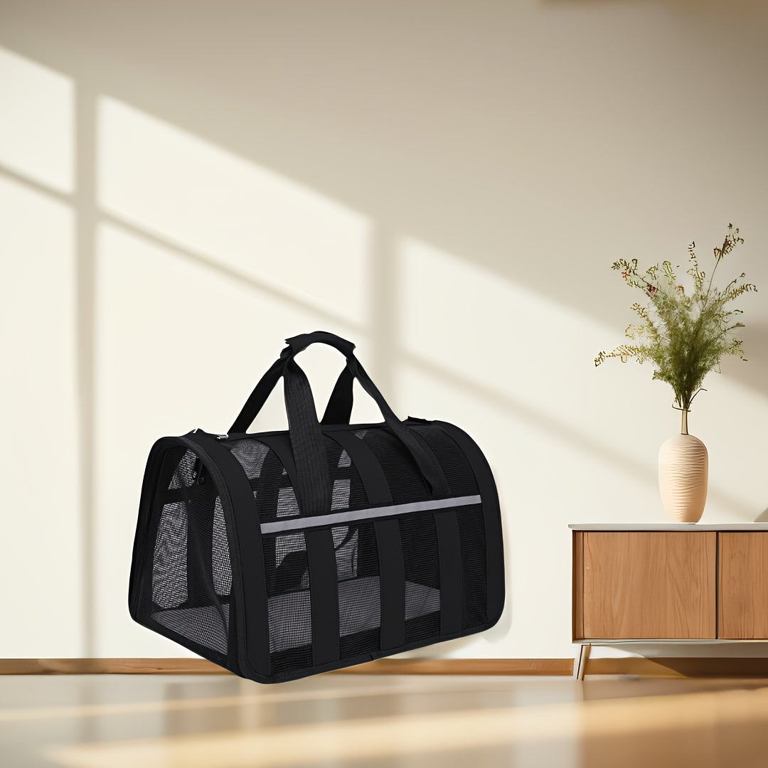 Портативная сумка для переноски домашних животных с сетчатыми окнами, прочный полиэстер, застежка на молнии, складной дизайн и плечевой ремень для путешествий с кошками и собаками.