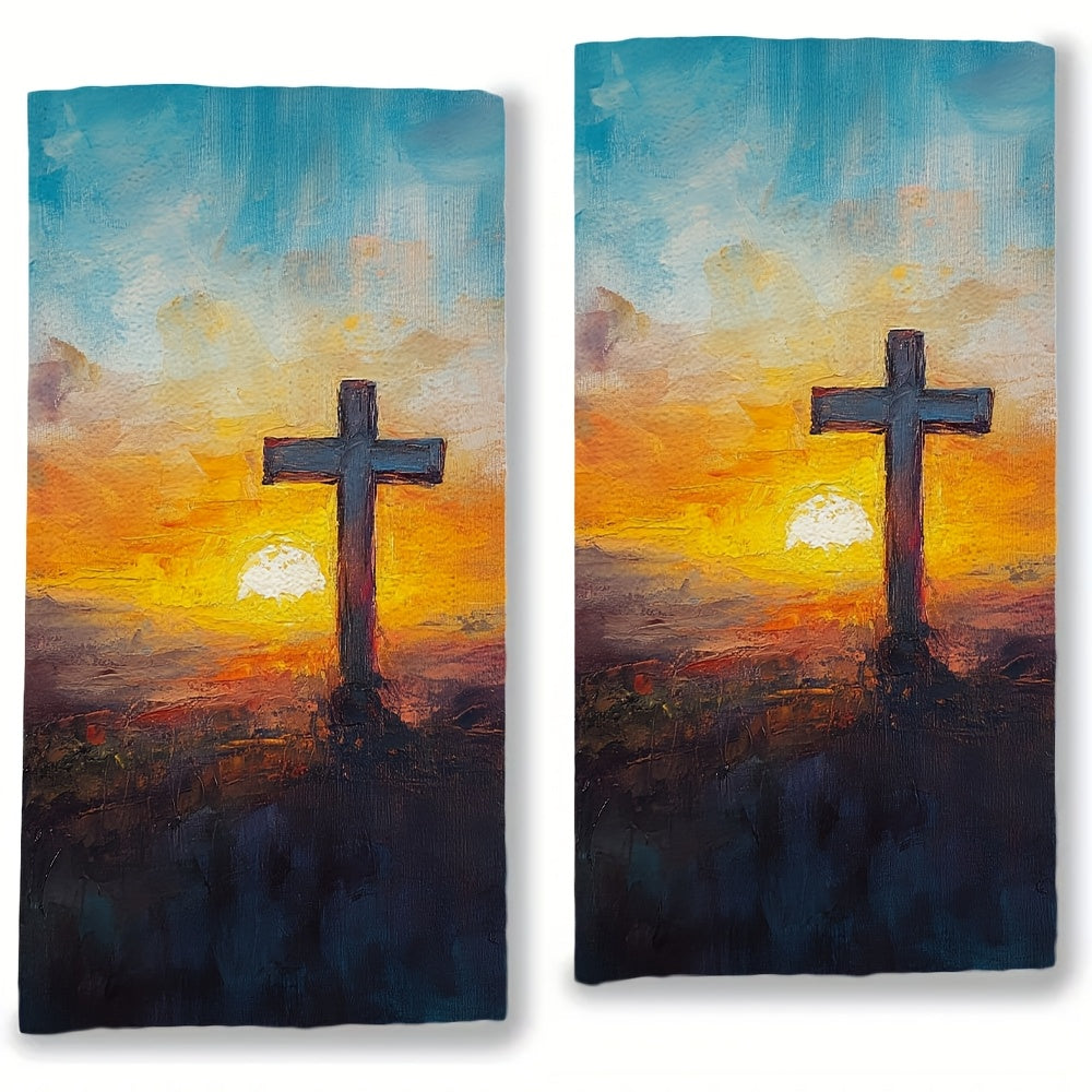 2 Pieces Ultra Soft Kitchen Towels Easter Sunrise Oil Painting Style Absorbent Dish Hand Towels