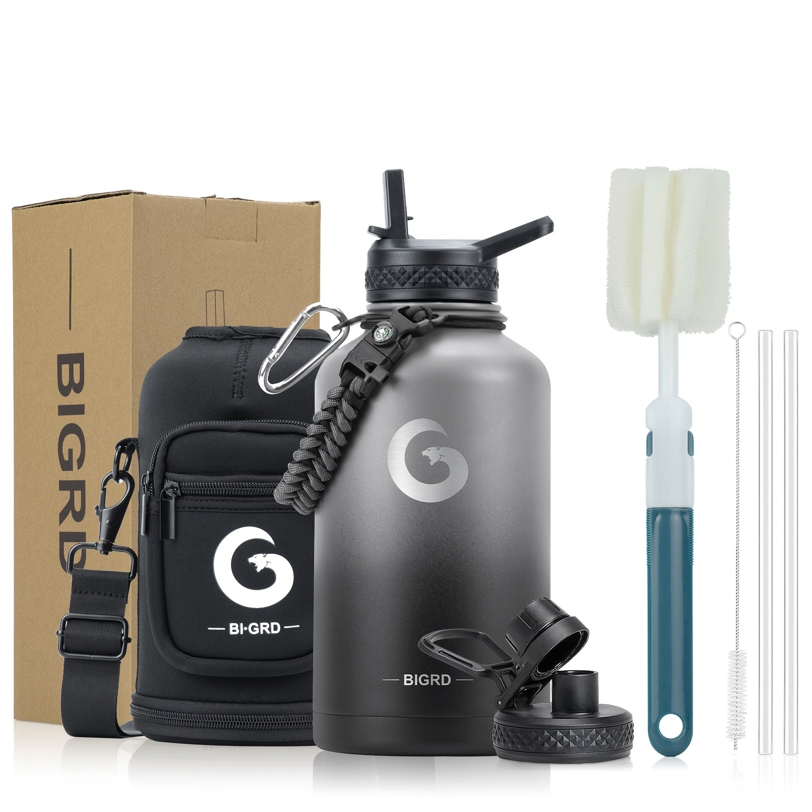 Insulated Water Bottle 40oz/1183ml or 64oz/1893ml Stainless Steel Vacuum with Paracord Handle and Straw Spout