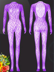 Women's Leopard Print Backless Bodysuit with Finger Gloves Nylon Blend