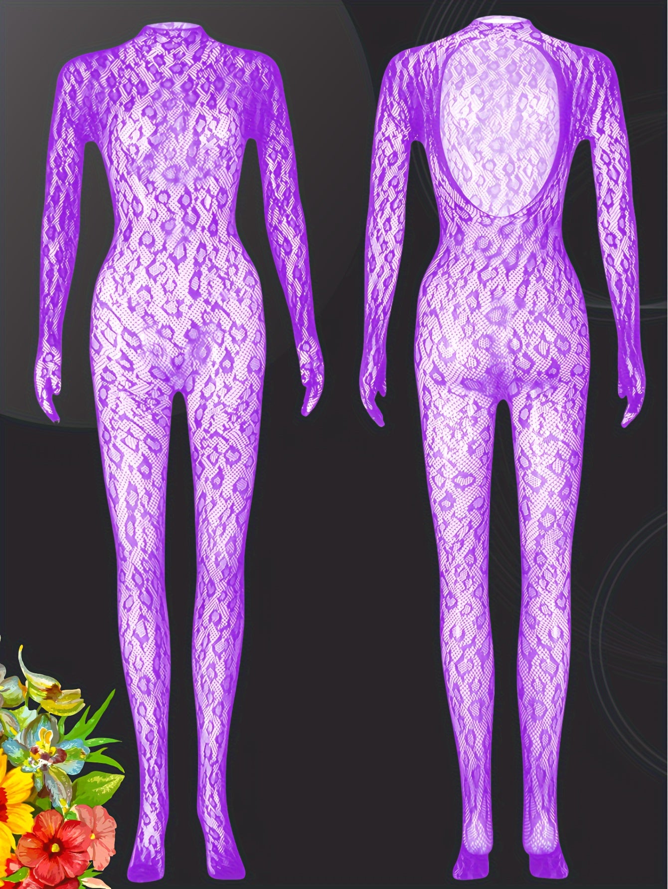 Women's Leopard Print Backless Bodysuit with Finger Gloves Nylon Blend