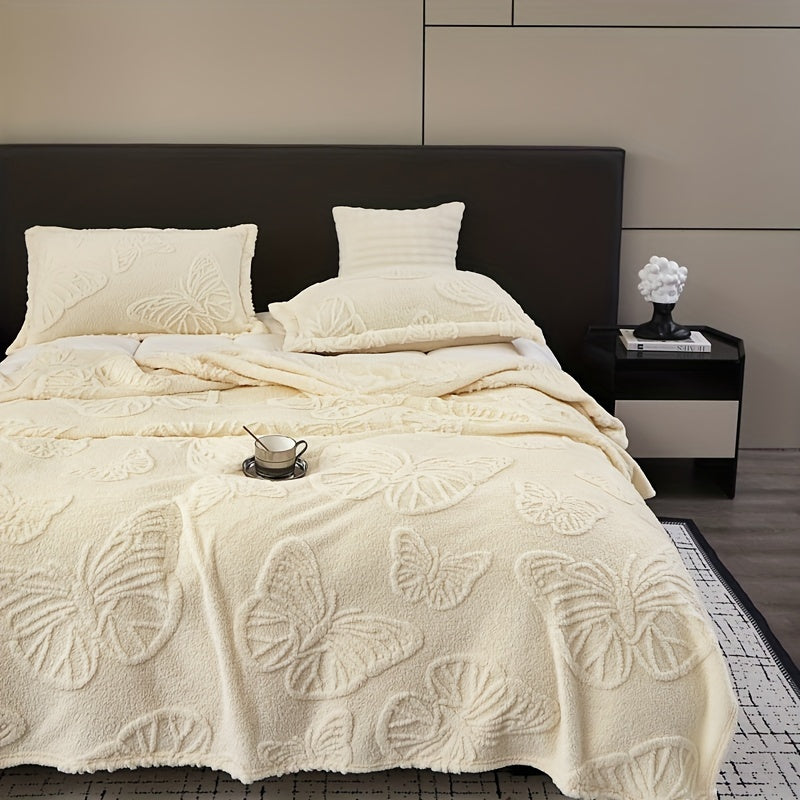 White Taffeta Butterfly Jacquard Throw Blanket Soft Warm Cozy for Couch Bed Travel