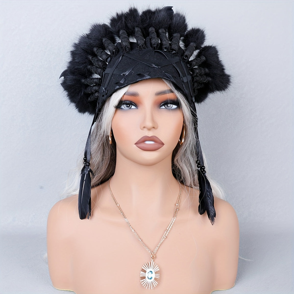 Sombrero indio de plumas negras falsas con diseño inspirado en lo vintage para Halloween y carnaval