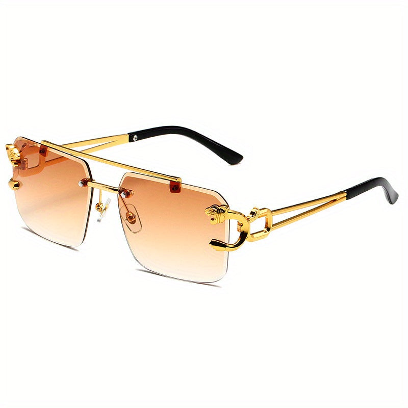 Unisex Rimless Double Bridge Square Metal Glasses with Gold Leopard Temples