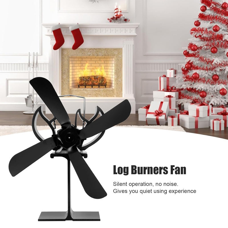 4-Blade Quiet Wood Stove Fan Portable Fireplace Log Burner Heat Powered
